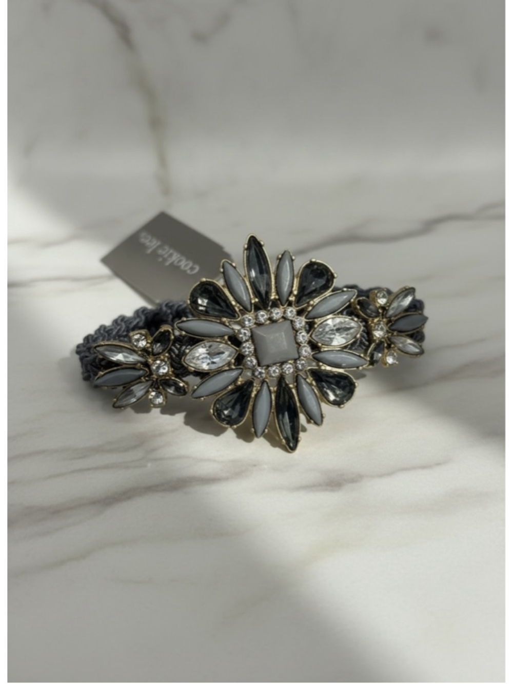 Cookie Lee Gray Crystal Statement Stretch Bracelet Floral Rhinestone Gold Tone N